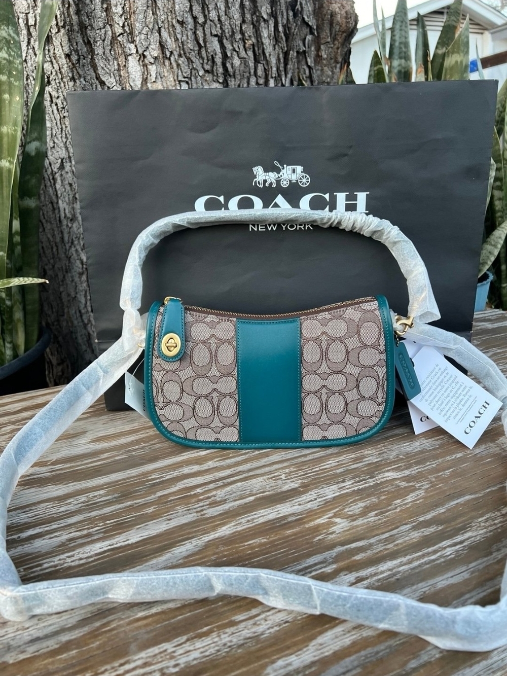 COACH Swinger 24 Teal Signature Jacquard Shoulder Bag NWT